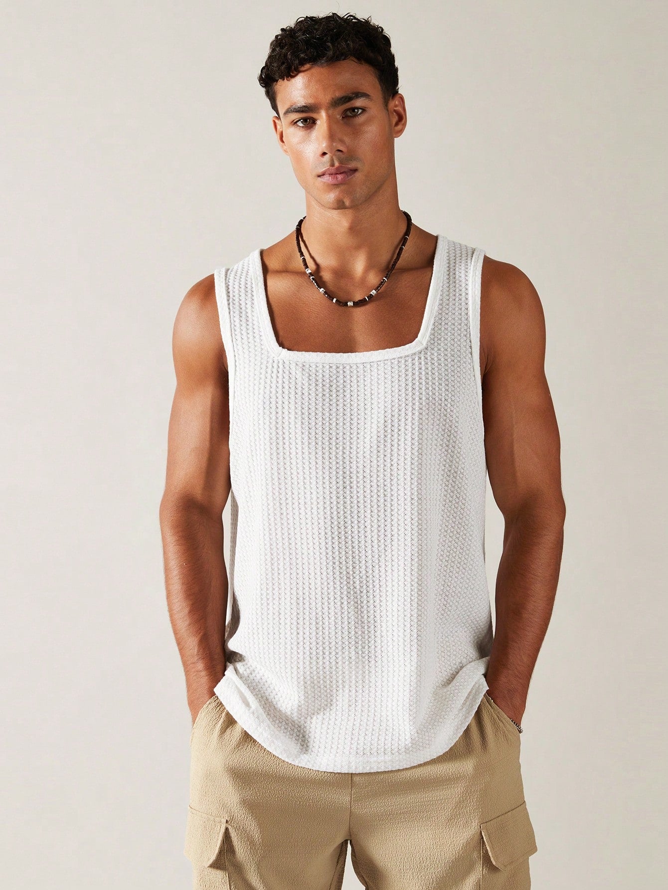 Casual square neck patterned men's tank top| white|