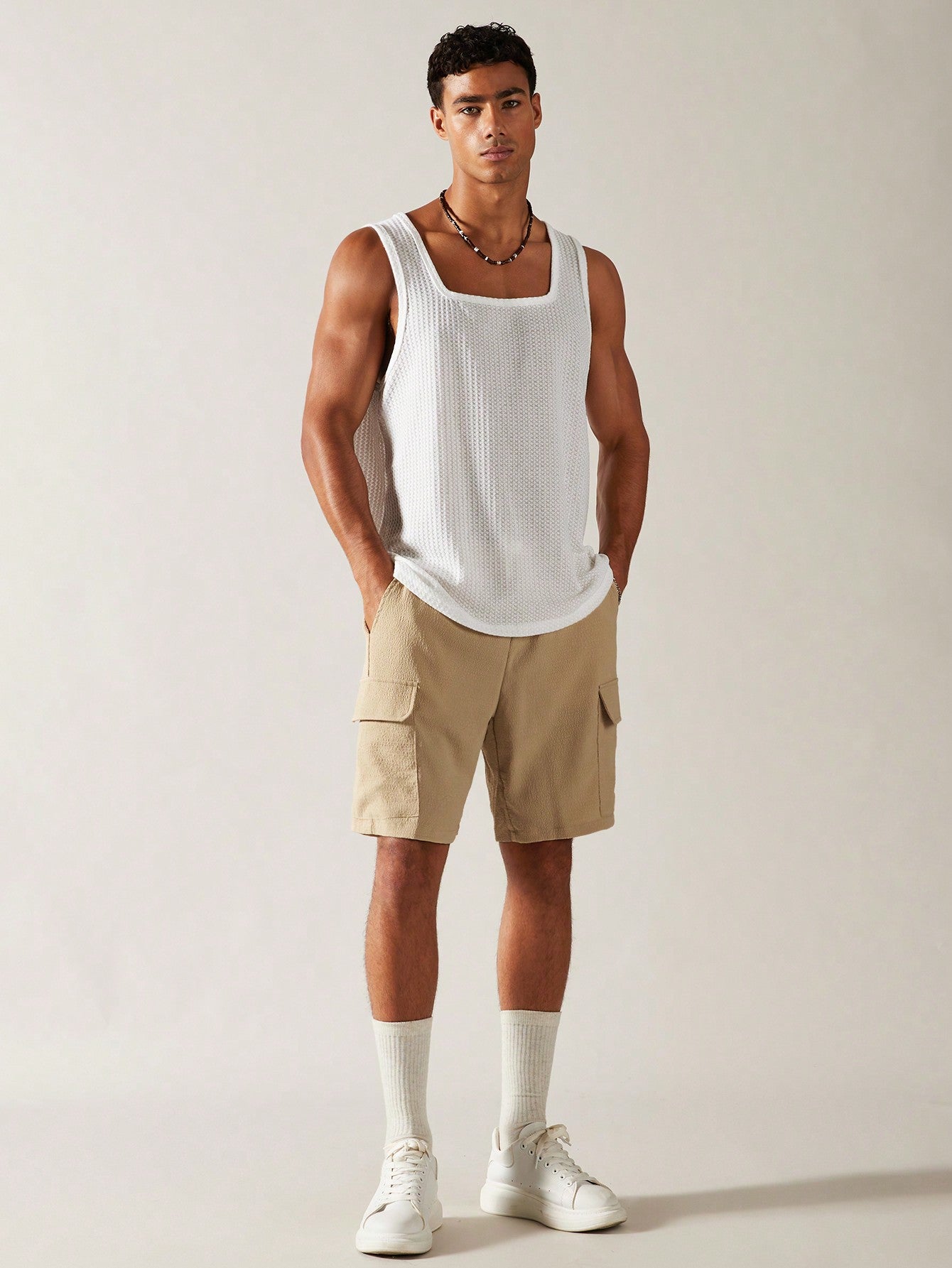 Casual square neck patterned men's tank top| white|
