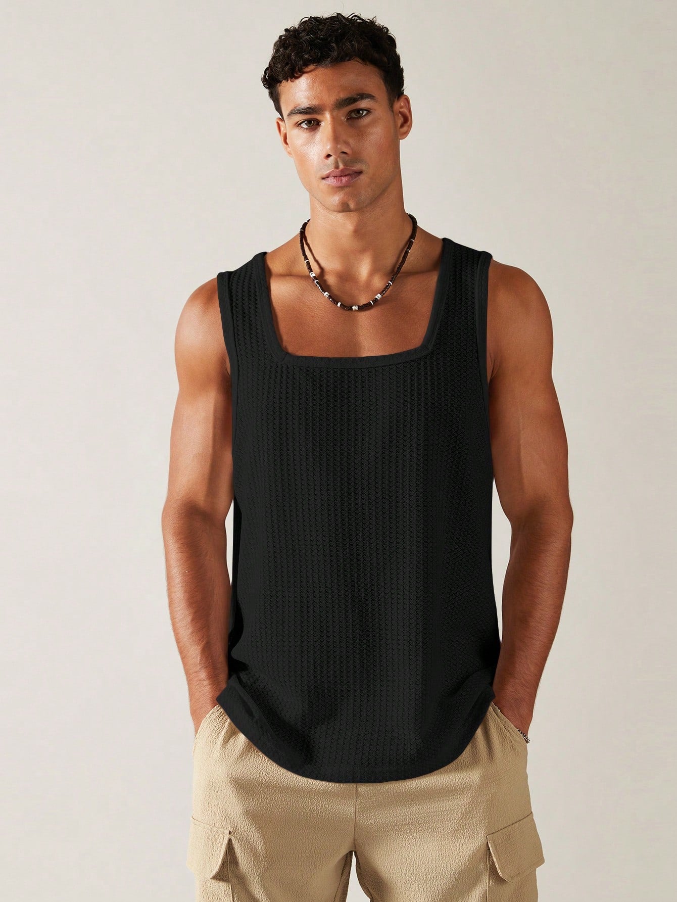 Casual square neck patterned men's tank top| black |