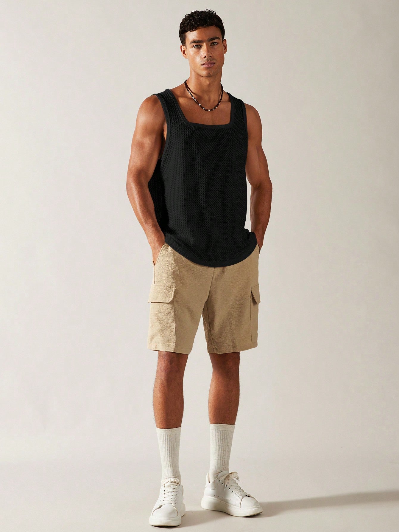 Casual square neck patterned men's tank top| black |