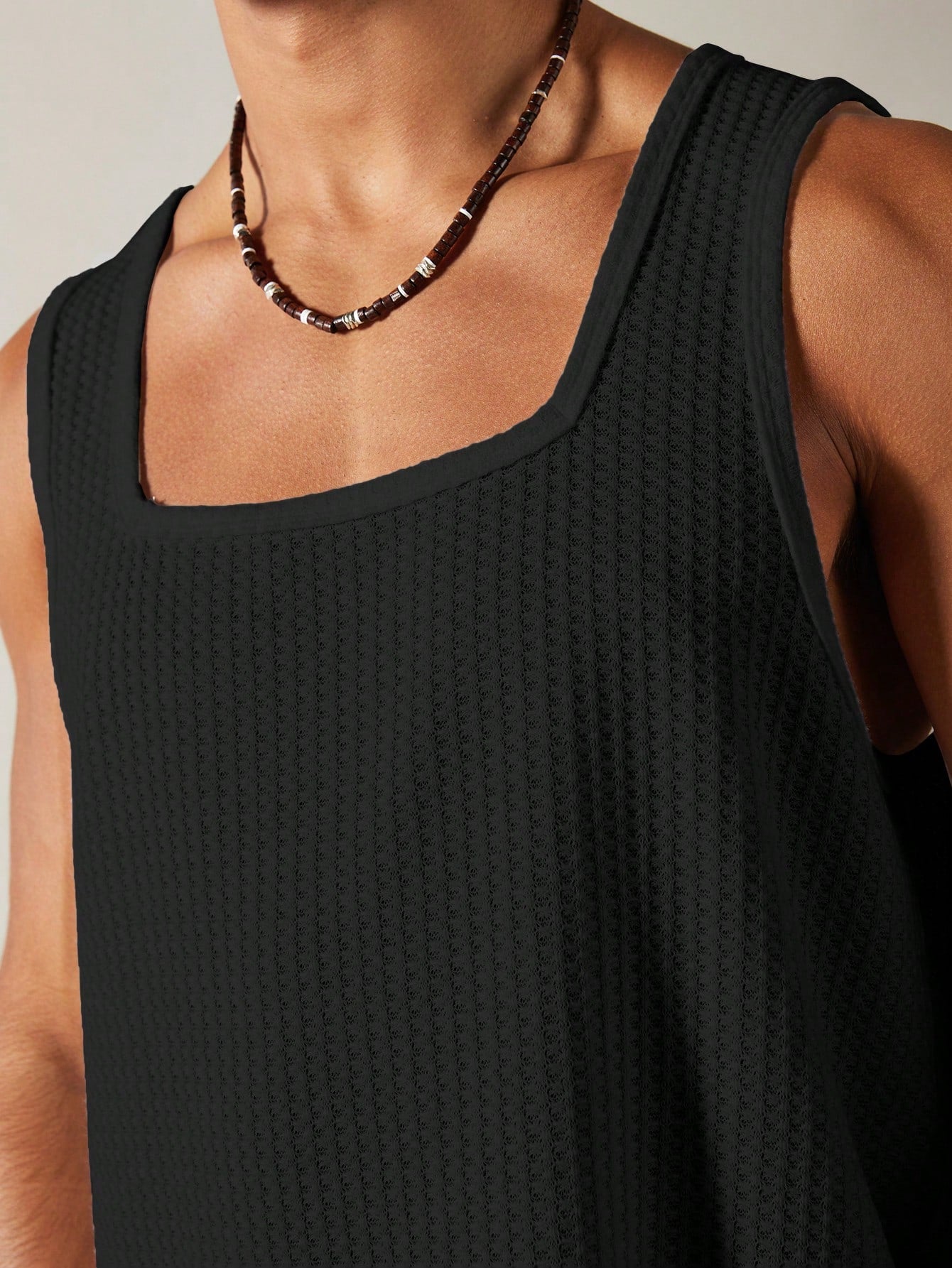 Casual square neck patterned men's tank top| black |