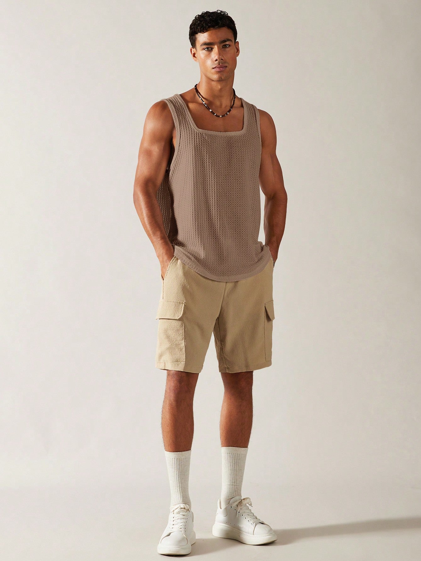 Casual square neck patterned men's tank top| mocha|