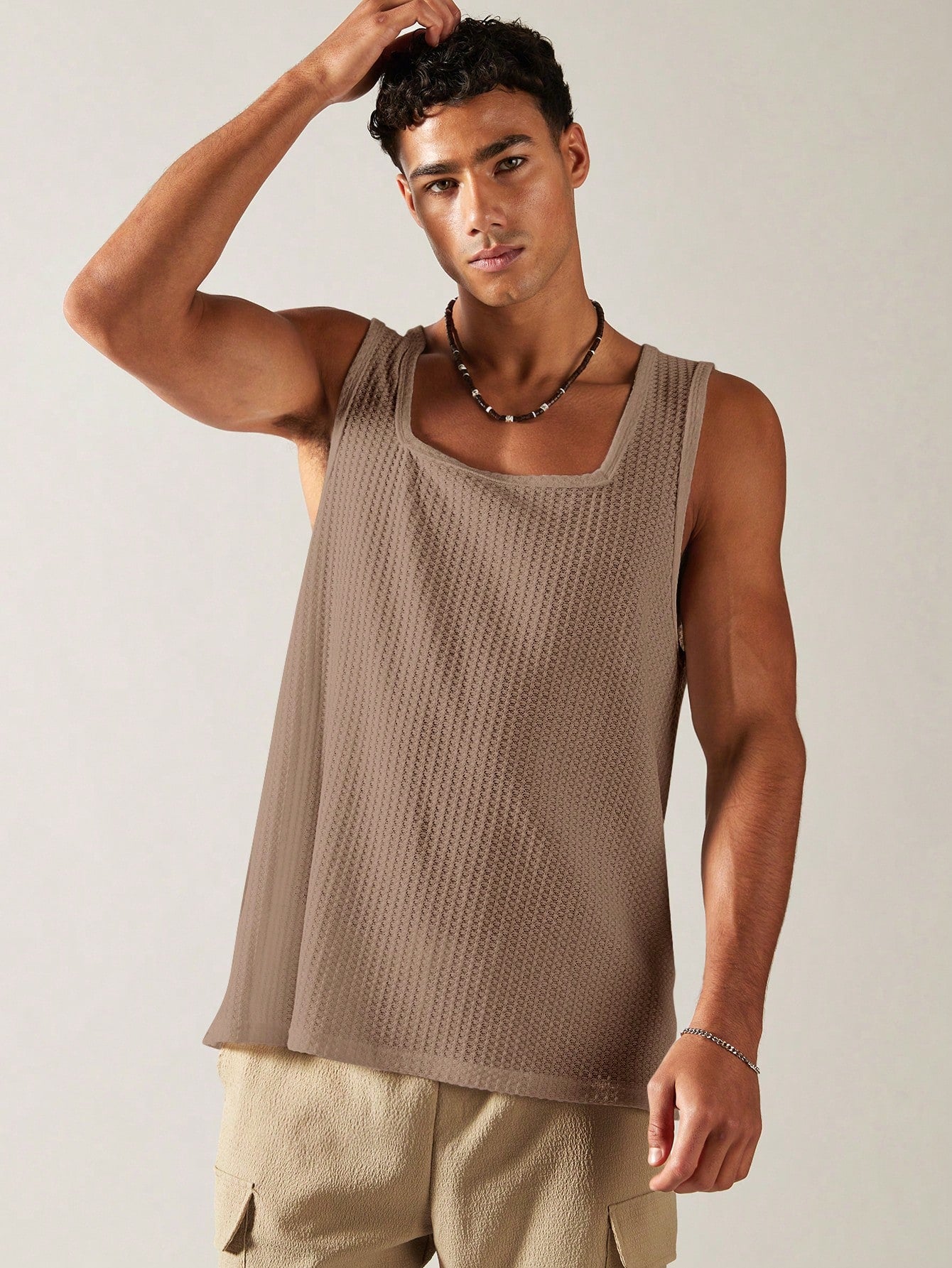 Casual square neck patterned men's tank top| mocha|