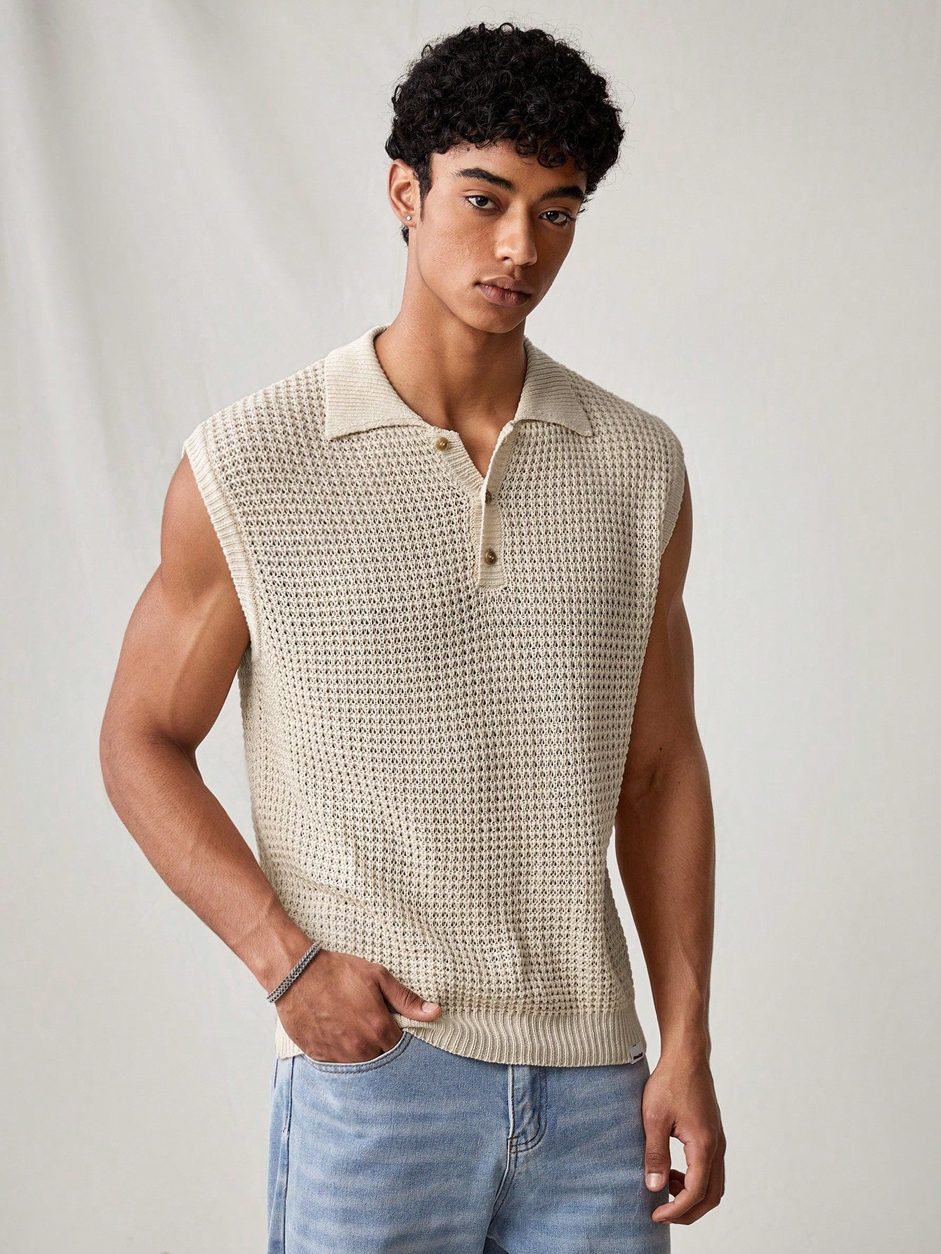 Men's Beige collared V neck tank top |summer essential|