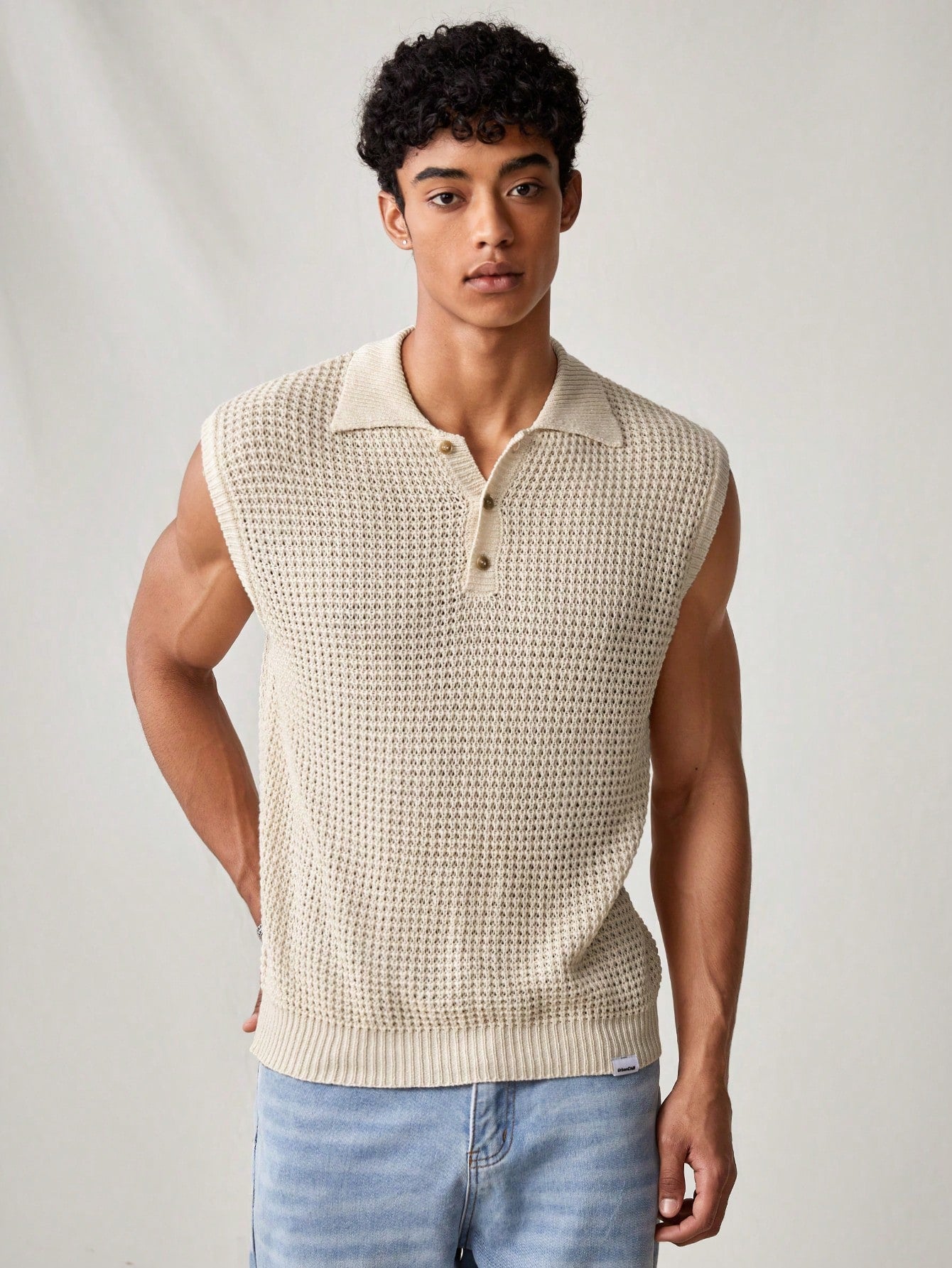 Men's Beige collared V neck tank top |summer essential|