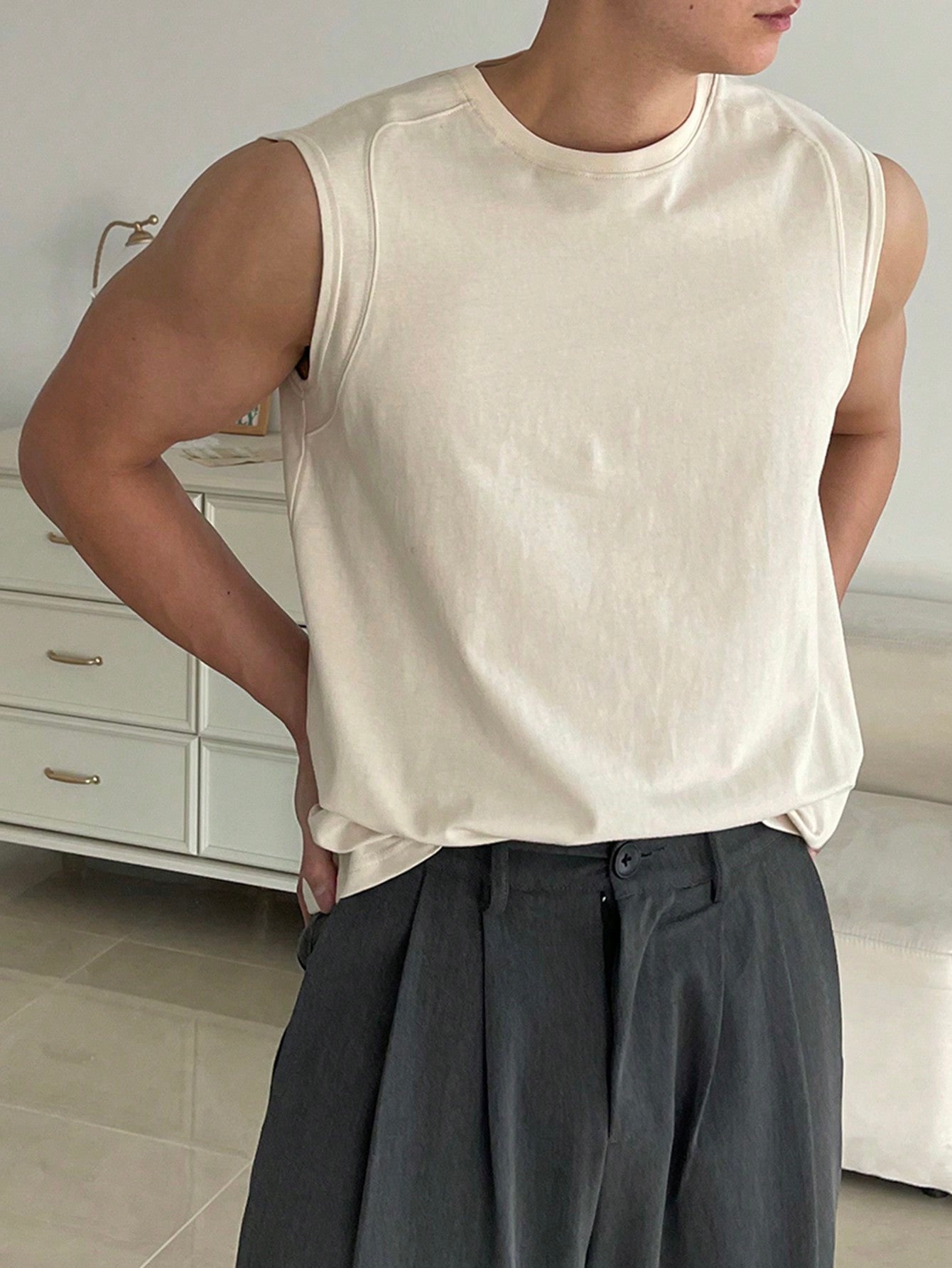 Men's White round neck relaxed tank top |summer essential|