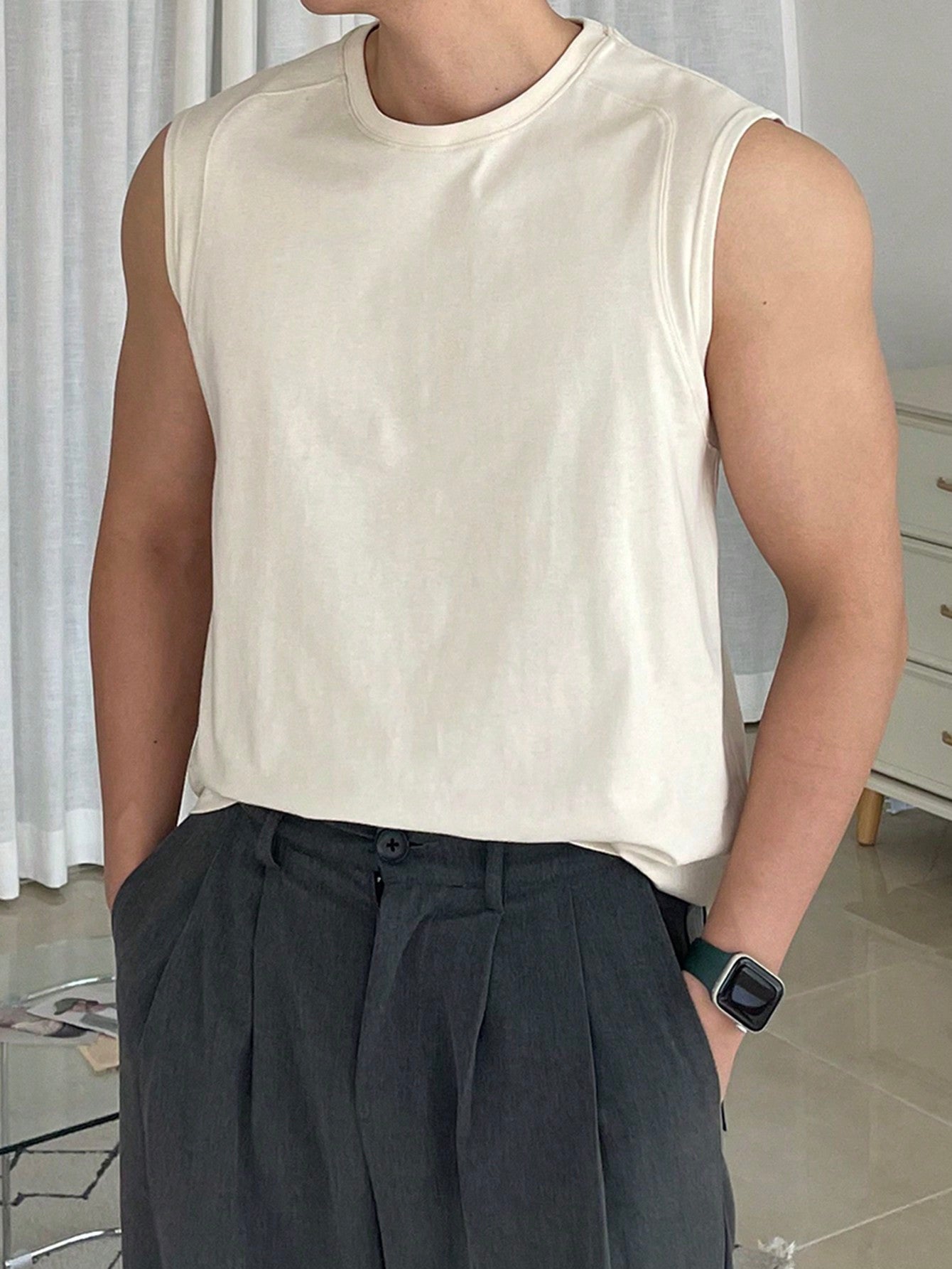 Men's White round neck relaxed tank top |summer essential|