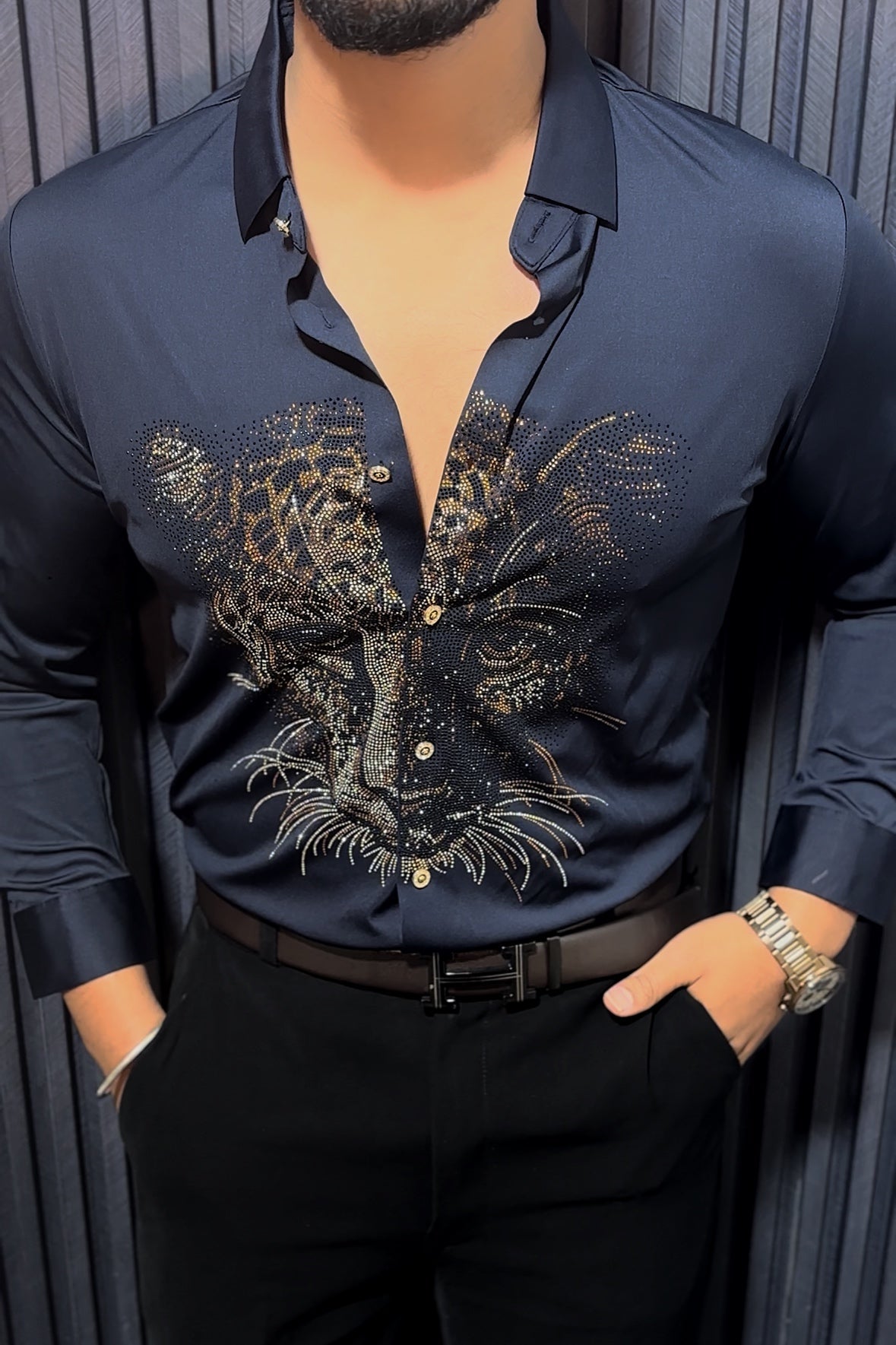 Cheetah Jacquard Shirt - NAVY