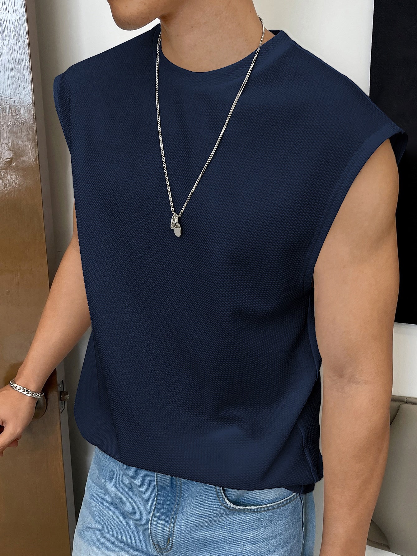 Men's Relaxed round neck tank top | Navy blue | summer essential|