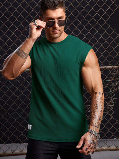 Men's Relaxed round neck tank top |Dark green| summer essential|