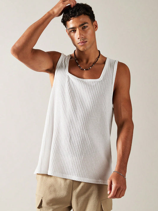 Casual square neck patterned men's tank top| white|