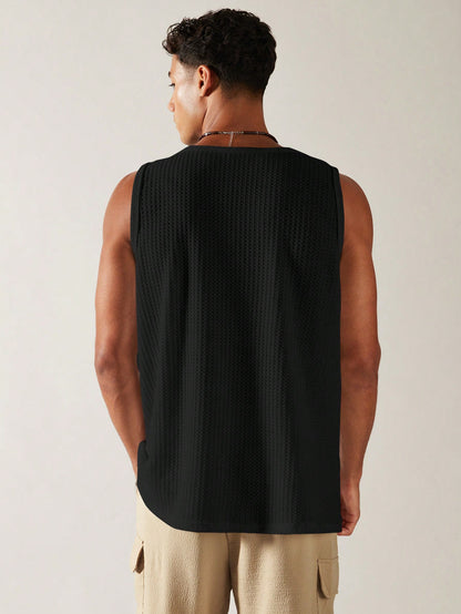 Casual square neck patterned men's tank top| black |