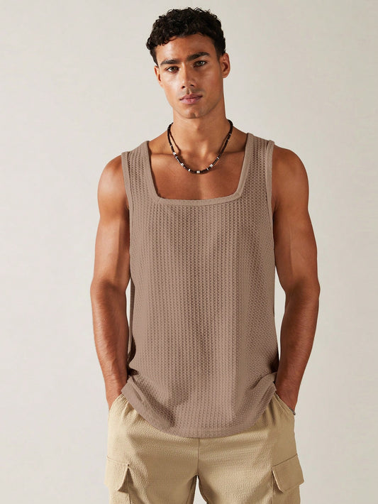 Casual square neck patterned men's tank top| mocha|