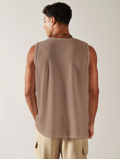 Casual square neck patterned men's tank top| mocha|