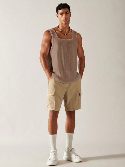 Casual square neck patterned men's tank top| mocha|
