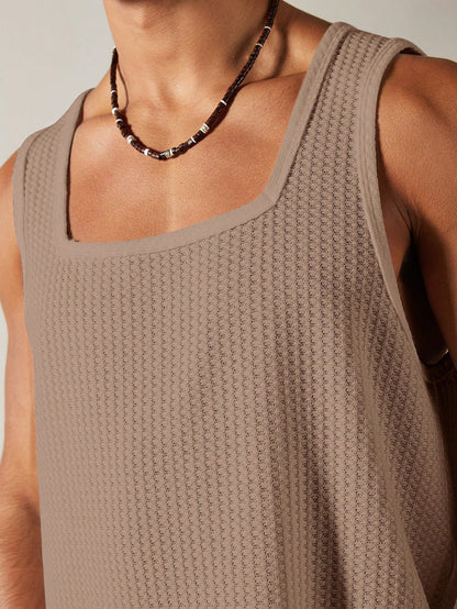 Casual square neck patterned men's tank top| mocha|