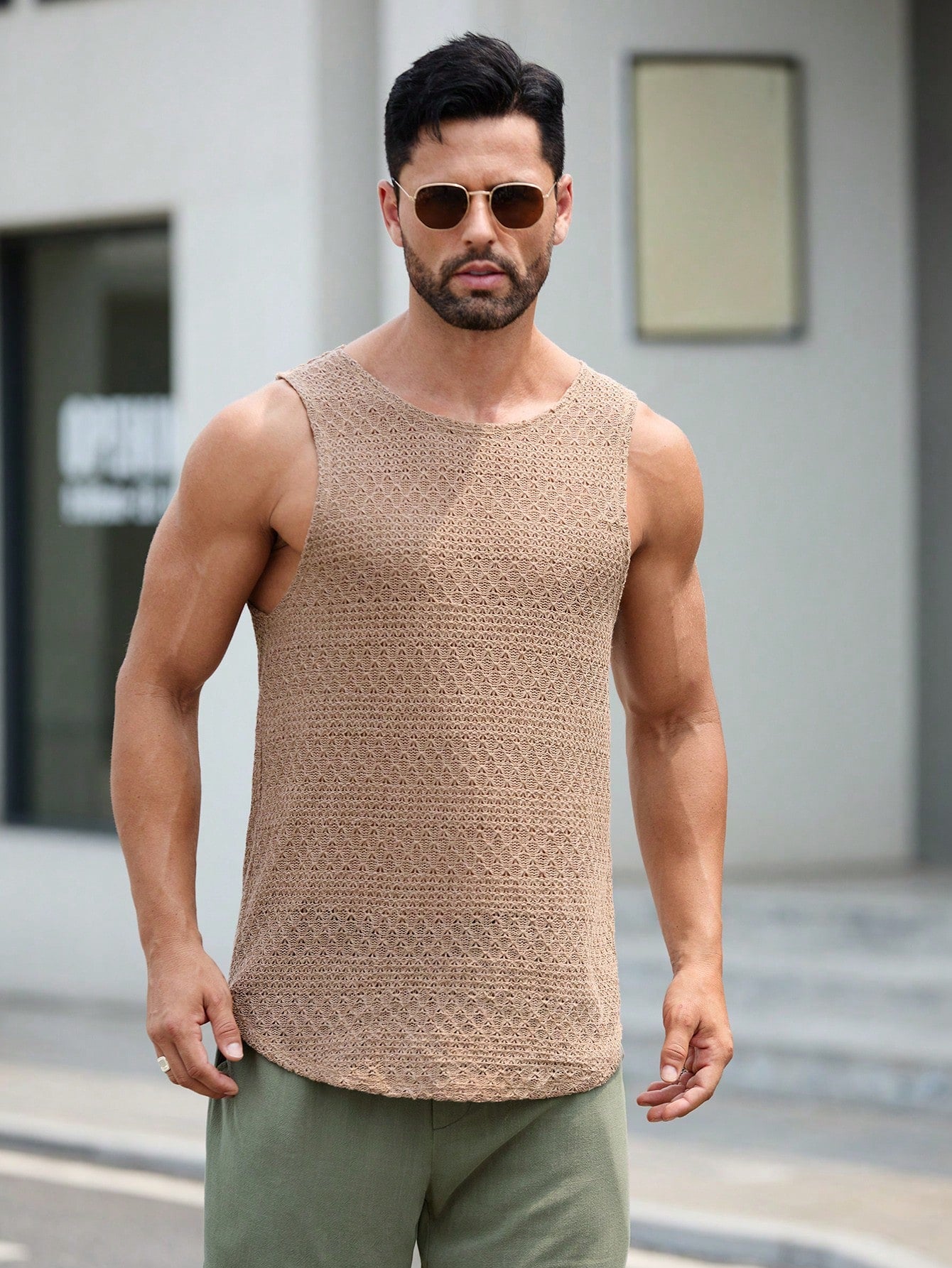 Casual summer essential patterned men's tank top| Khaki|