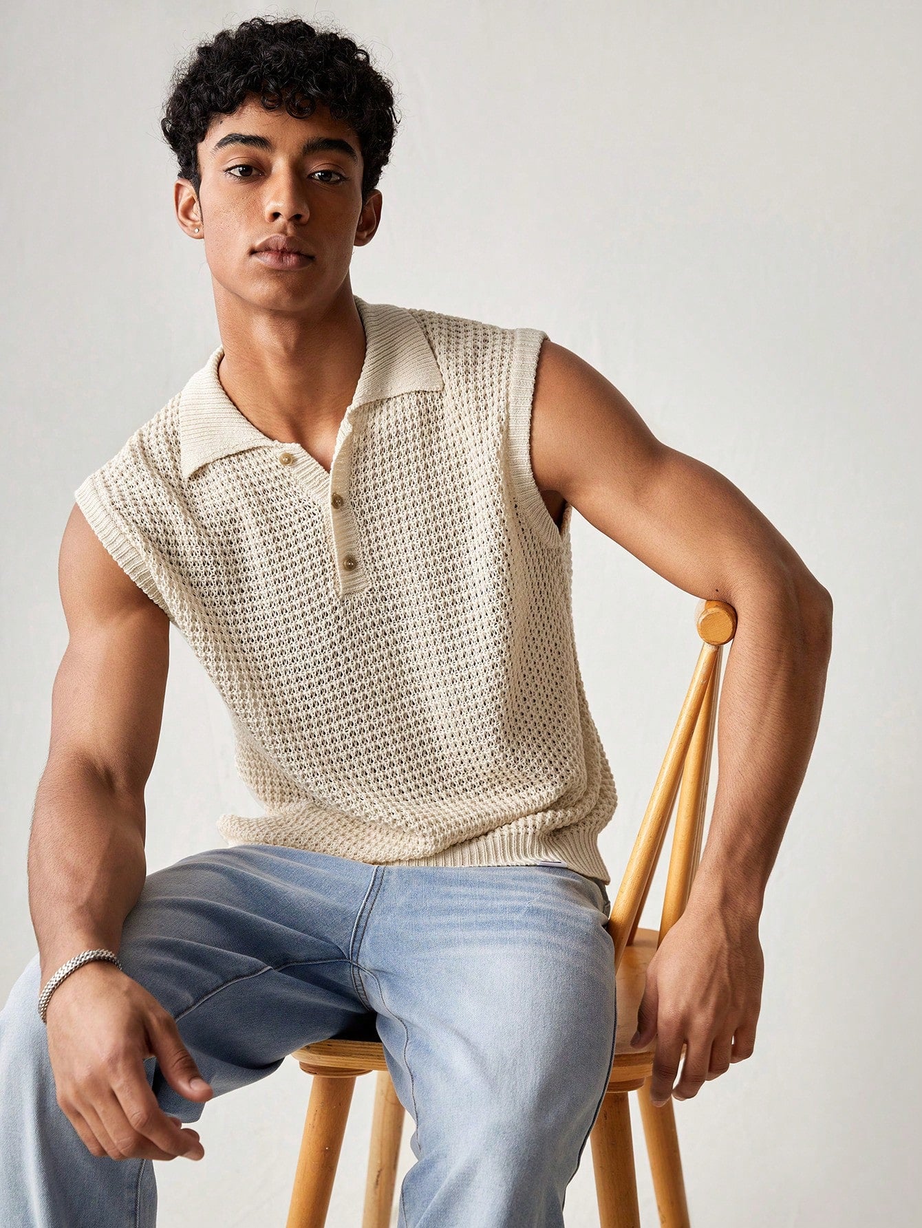 Men's Beige collared V neck tank top |summer essential|
