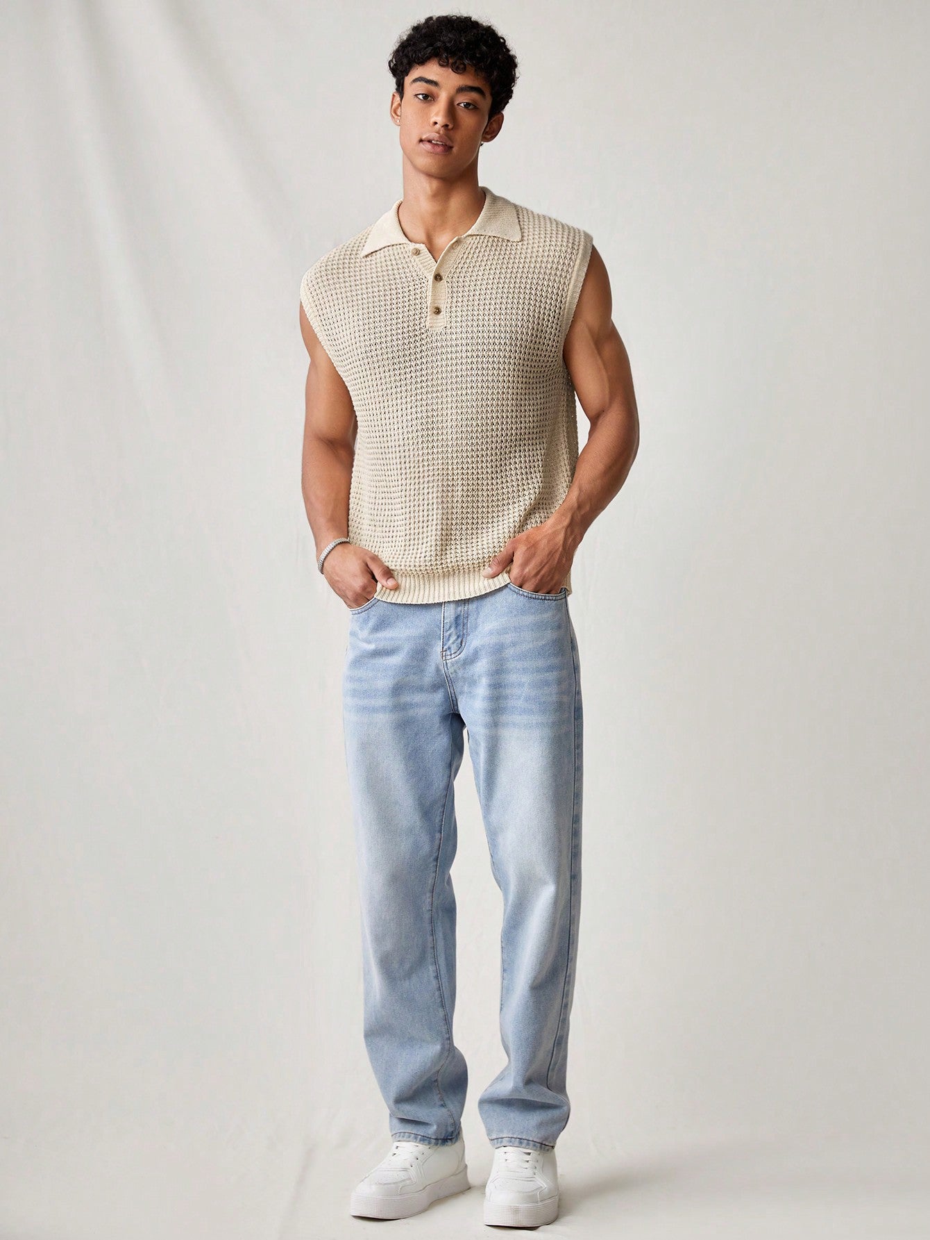 Men's Beige collared V neck tank top |summer essential|