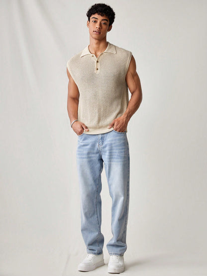 Men's Beige collared V neck tank top |summer essential|