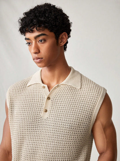Men's Beige collared V neck tank top |summer essential|
