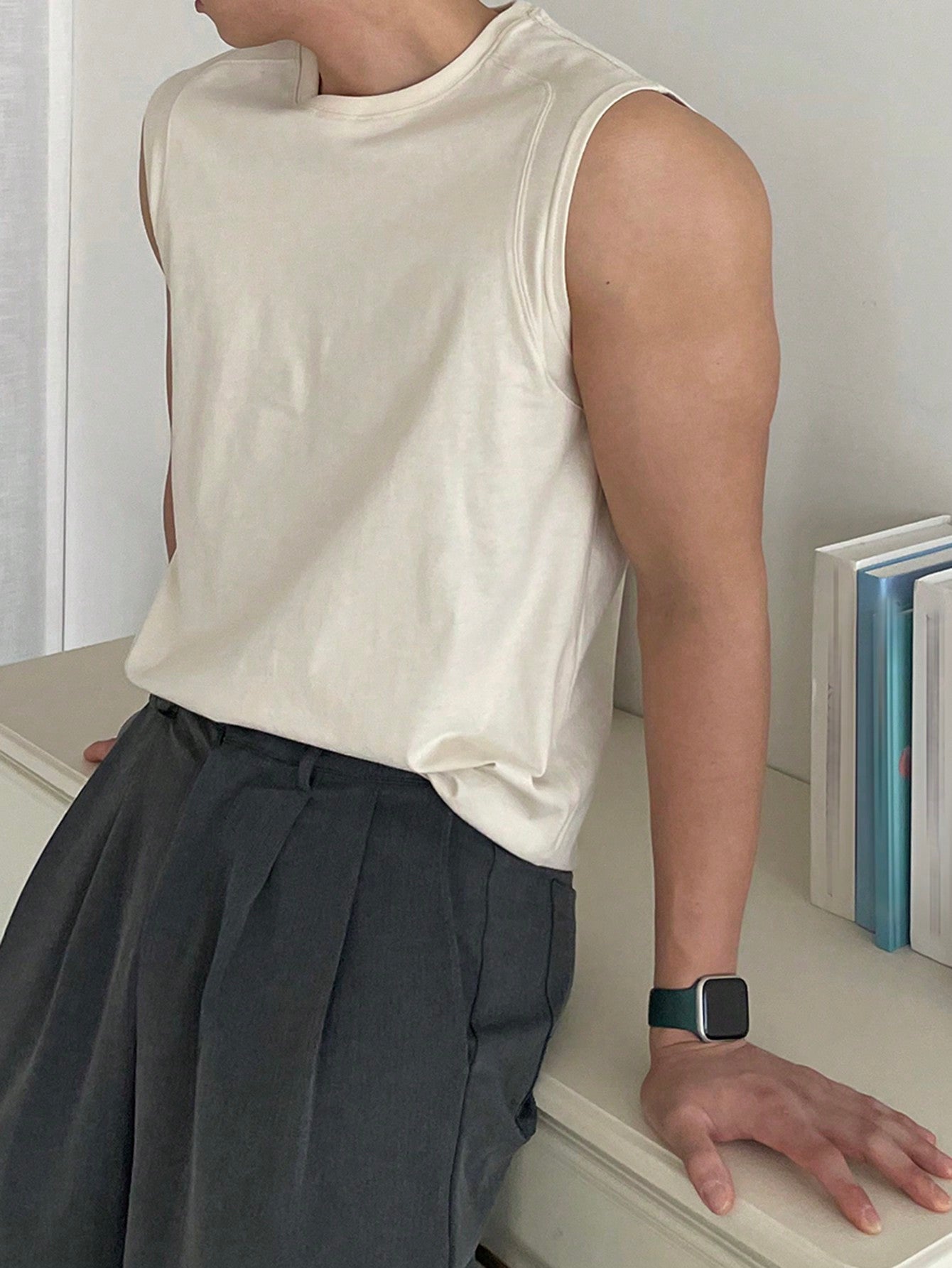 Men's White round neck relaxed tank top |summer essential|