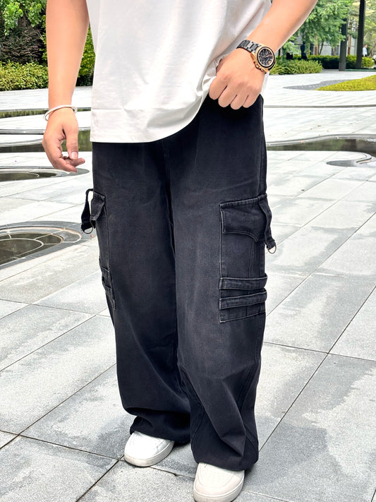 Double Pocket Painted Straight Fit Baggy Pants - BLACK