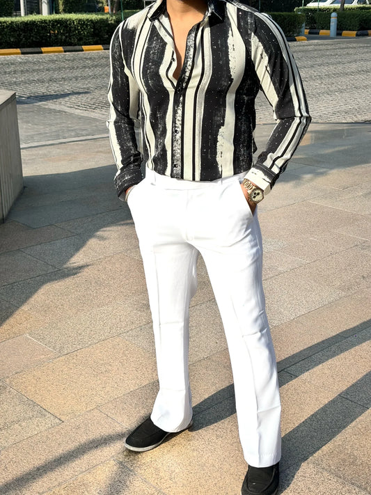 Charcoal and White Striped with Swarovski Regular fit Party Shirt