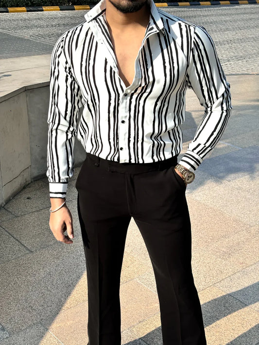 White and Black Striped Regular Fit Casual Shirt